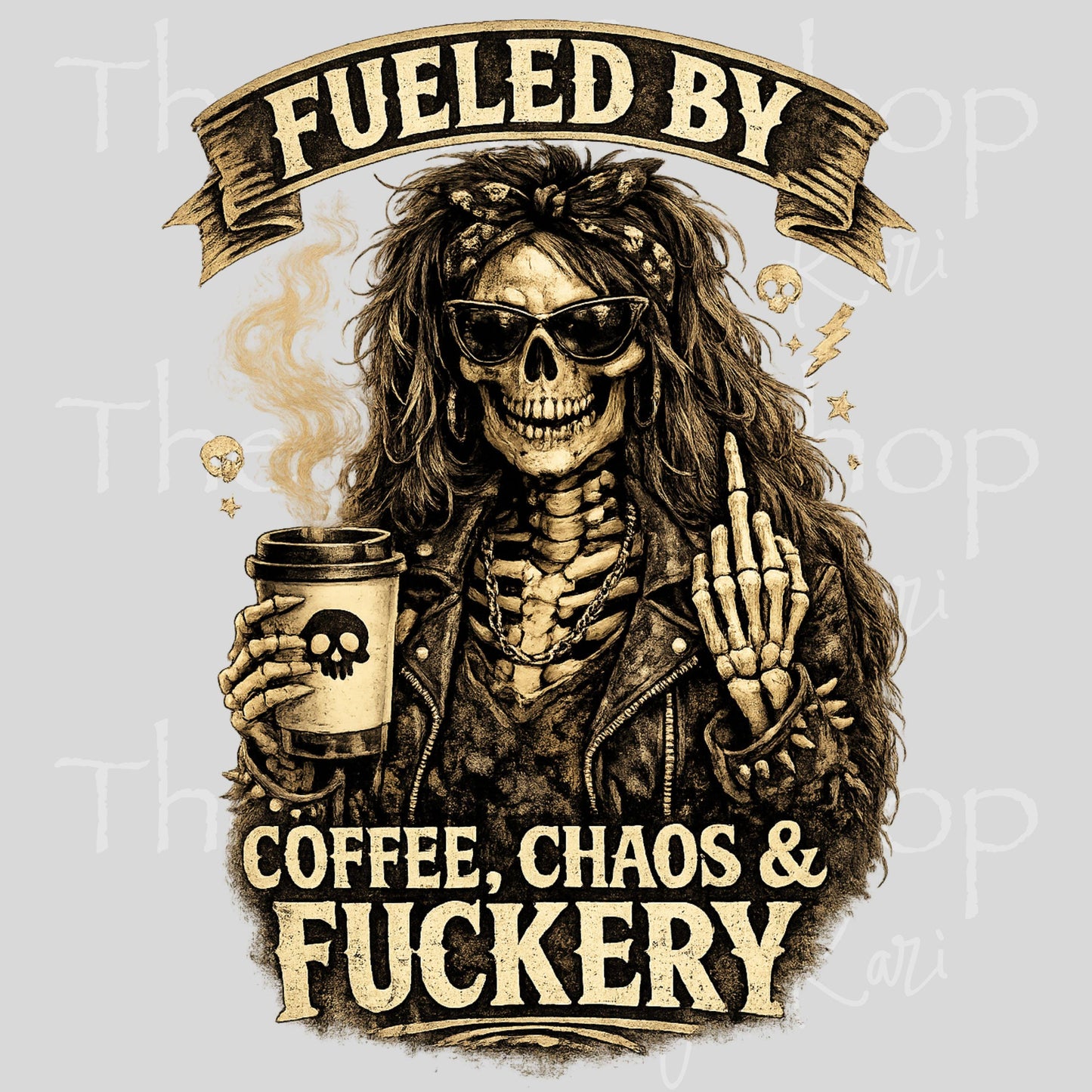 UV DTF Fueled by coffee, chaos and fuckery skeleton with middle finger and coffee decal, tumbler decal, permanent sticker. #4659