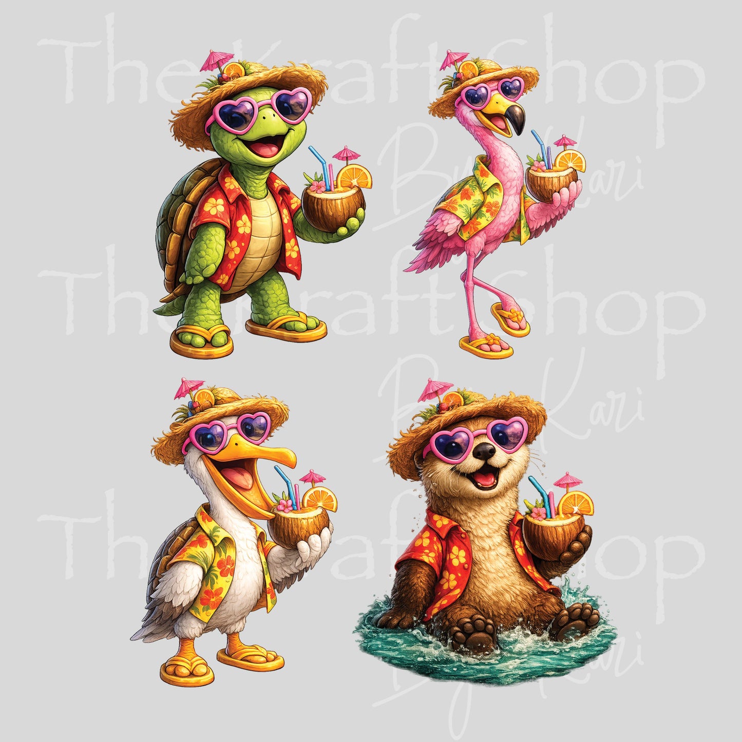 UV DTF Tropical Beach Animals decals 4pk, permanent sticker.#1128