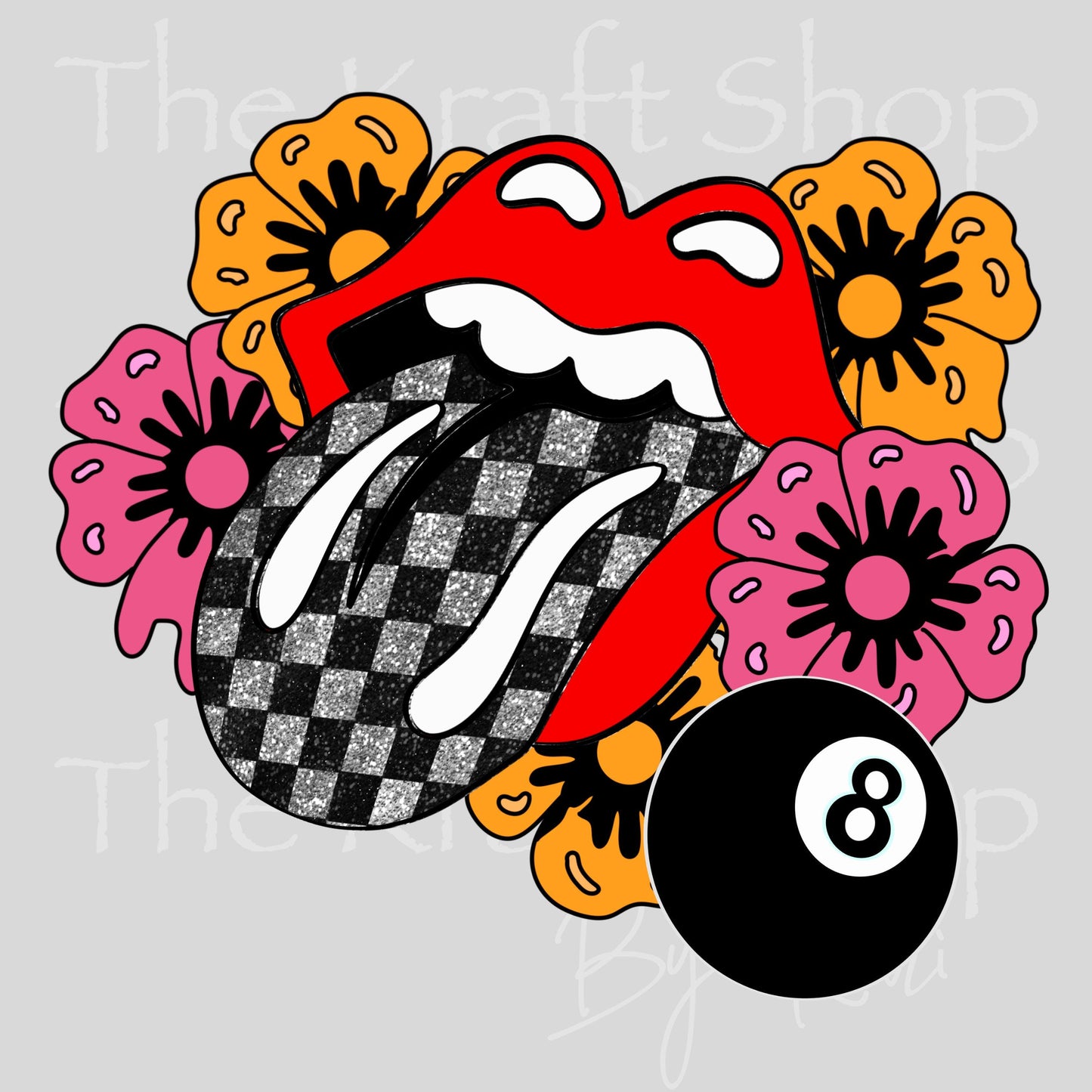 UV DTF Rolling tongue with flowers and eight ball retro vintage decal, tumbler decal, permanent sticker. #10478