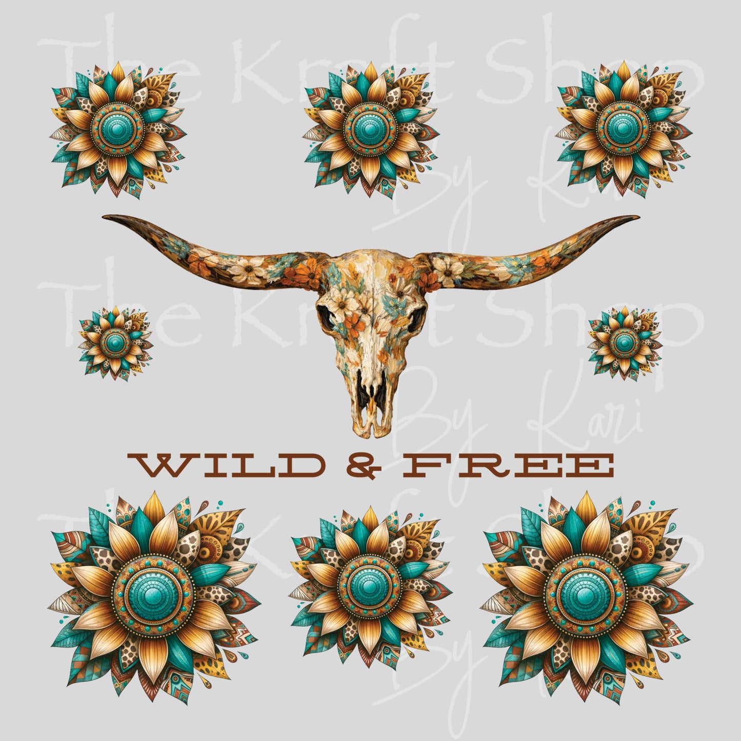 UV DTF Wild & Free bull skull western teal Element sheet 6x6 decal, tumbler decal, permanent sticker. #4704