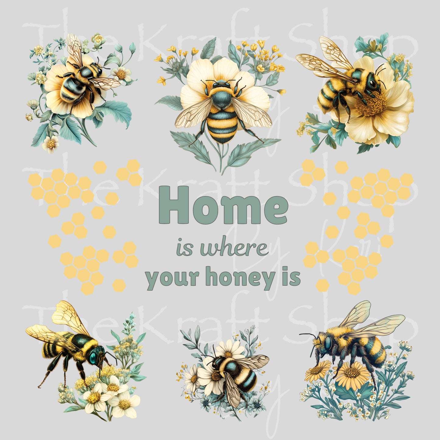 UV DTF Home is where your honey is teal daisy and bees Element sheet 8x8 decal #10488