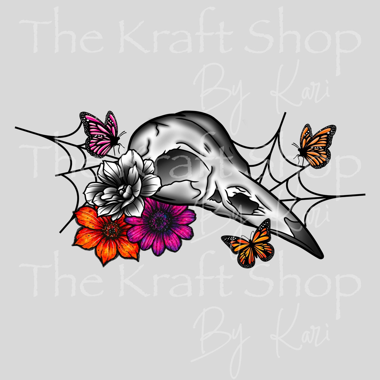 UV DTF Bird skull with web and flowers grunge retro Glass can wrap decals #5534