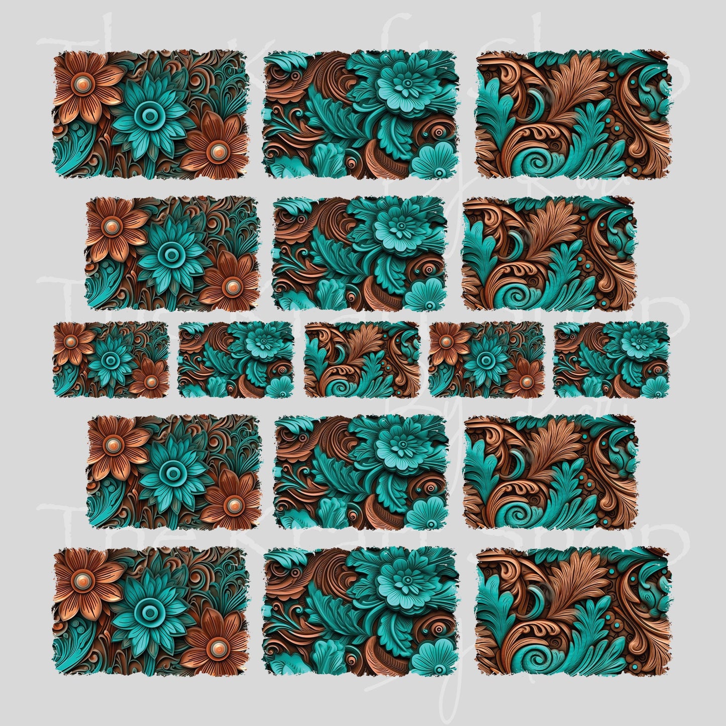 UV DTF Teal Brown Tooled Leather Distressed Element sheet 8x8 decal, tumbler decal, permanent sticker. #6012