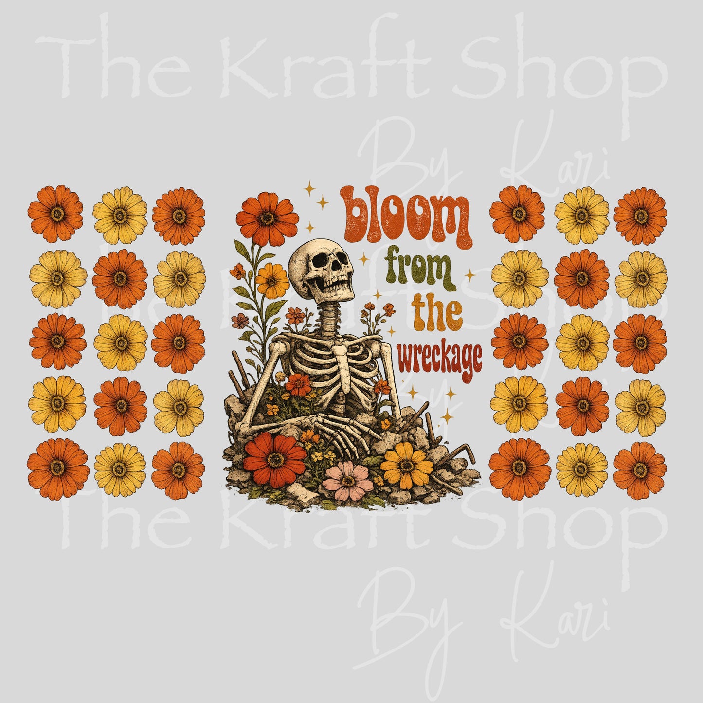 UV DTF Bloom from the wreckage retro vintage look skull and flowers wrap decals #5521