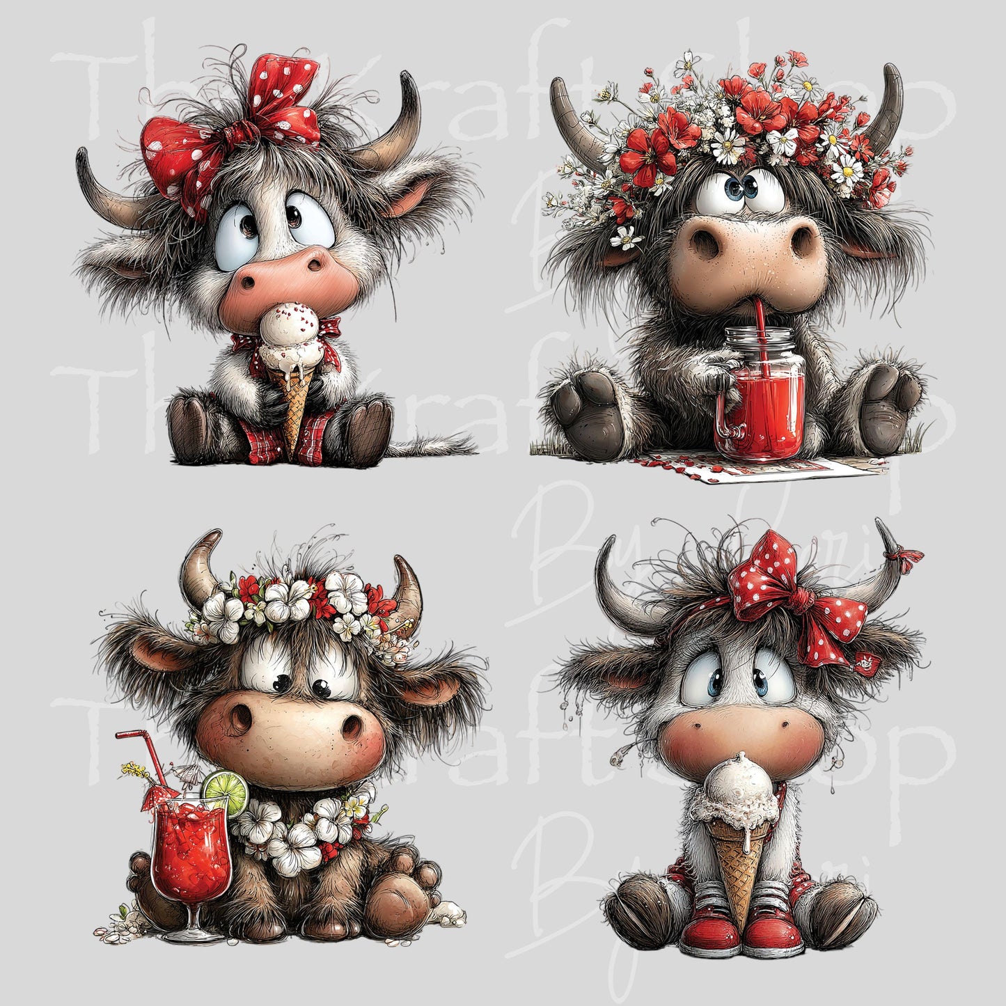UV DTF Whimsical summer cows decals 4pk, permanent sticker.#1150
