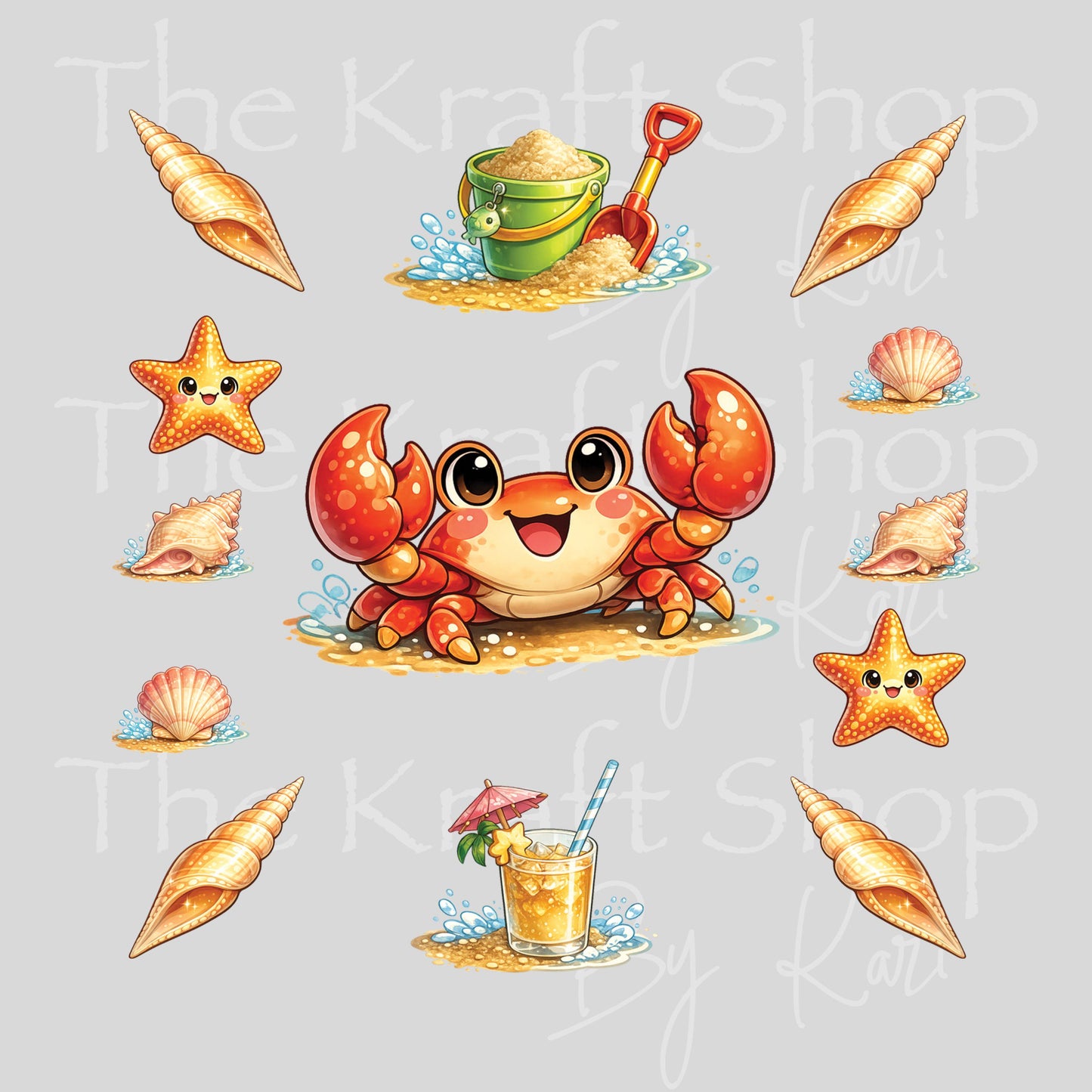 UV DTF Crab or Turtle Cute with Seashells Element sheet 6x6 decal, tumbler decal, permanent sticker. #7686