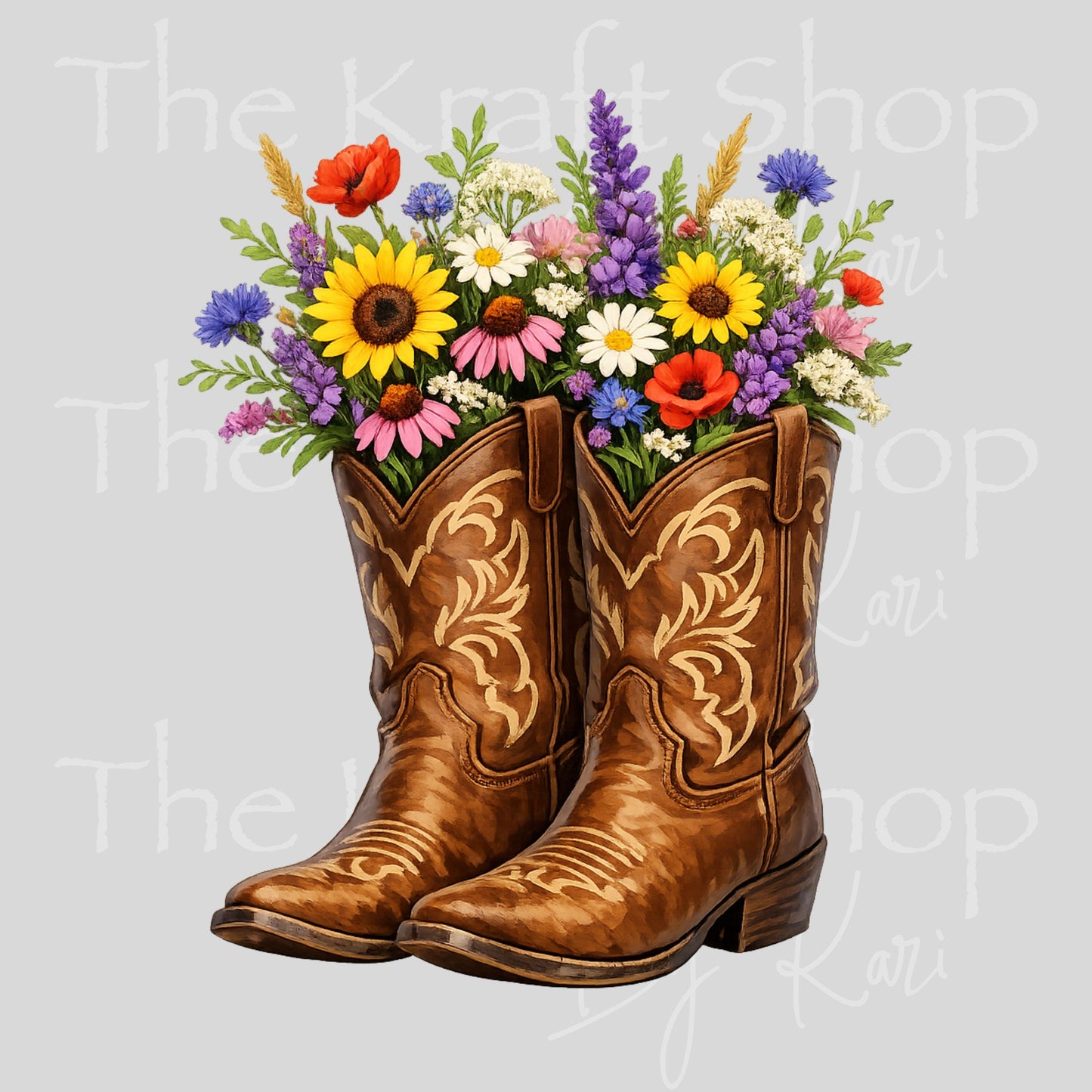 UV DTF Brown cowgirl boots with flowers decal, tumbler decal, permanent sticker. #2040