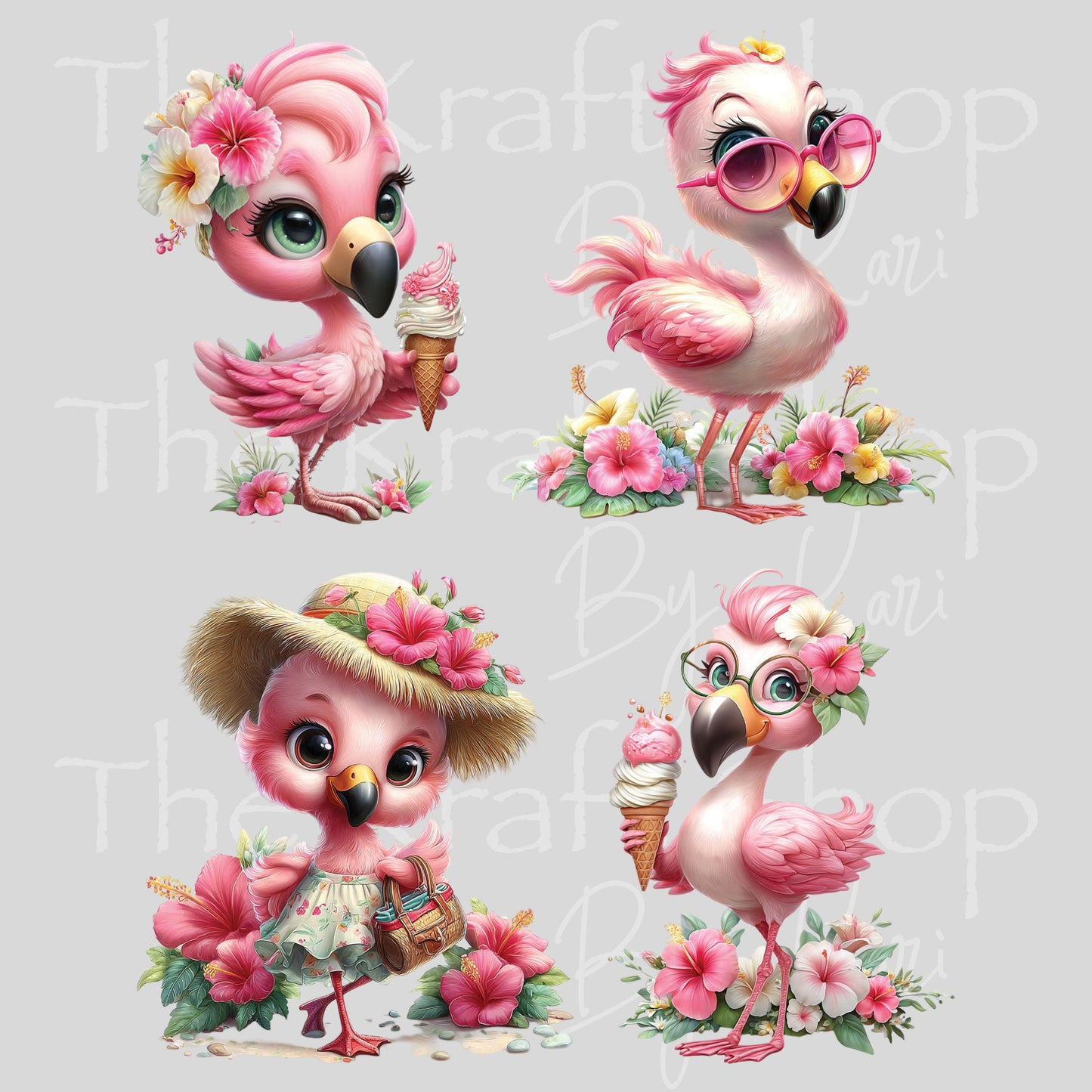 UV DTF Cute flamingos with pink flowers and ice cream decals 4pk, permanent sticker.#1157