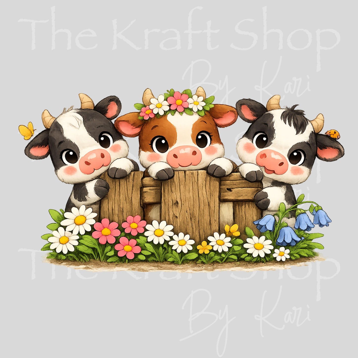 UV DTF 3 cows peeking behind a fence with flowers decal, tumbler decal, permanent sticker. #1156