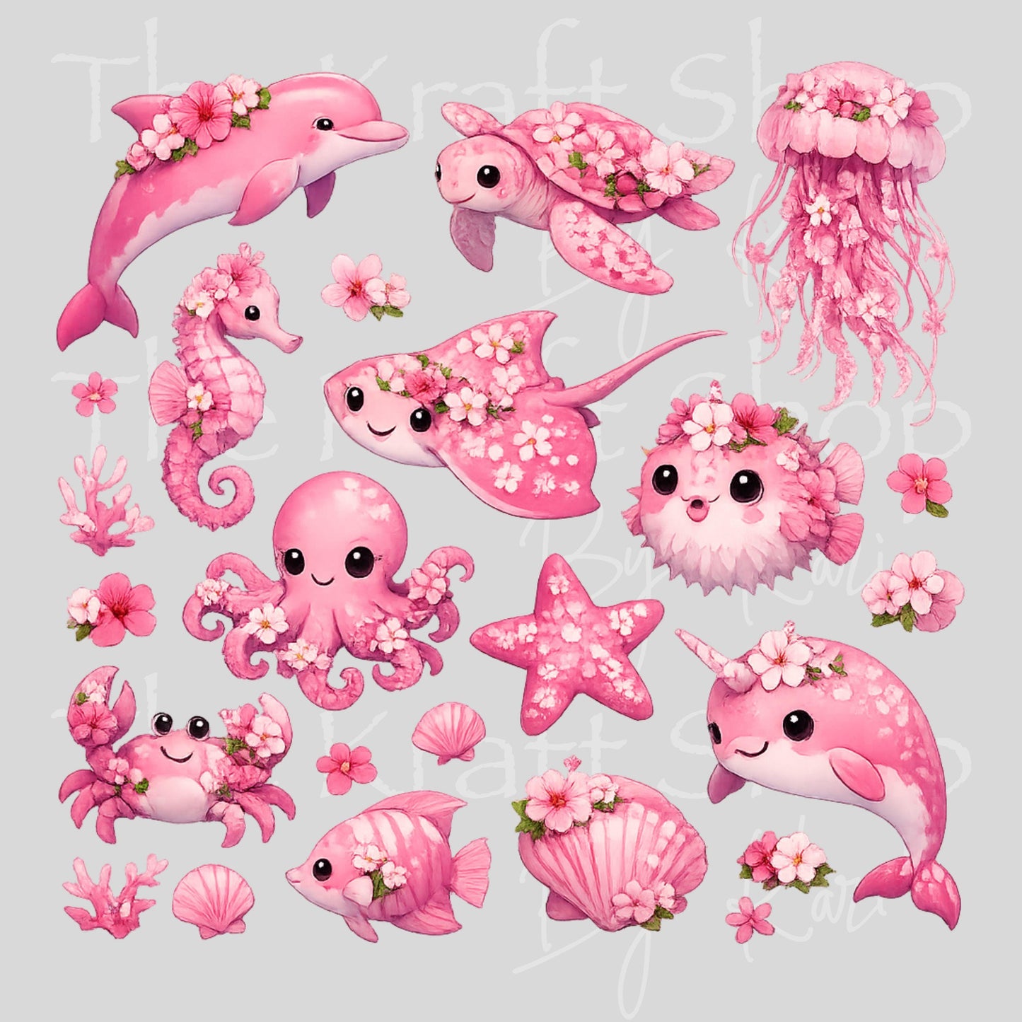 UV DTF Pink Flowers Sea Creatures Element sheet 8x8 decal #1158
