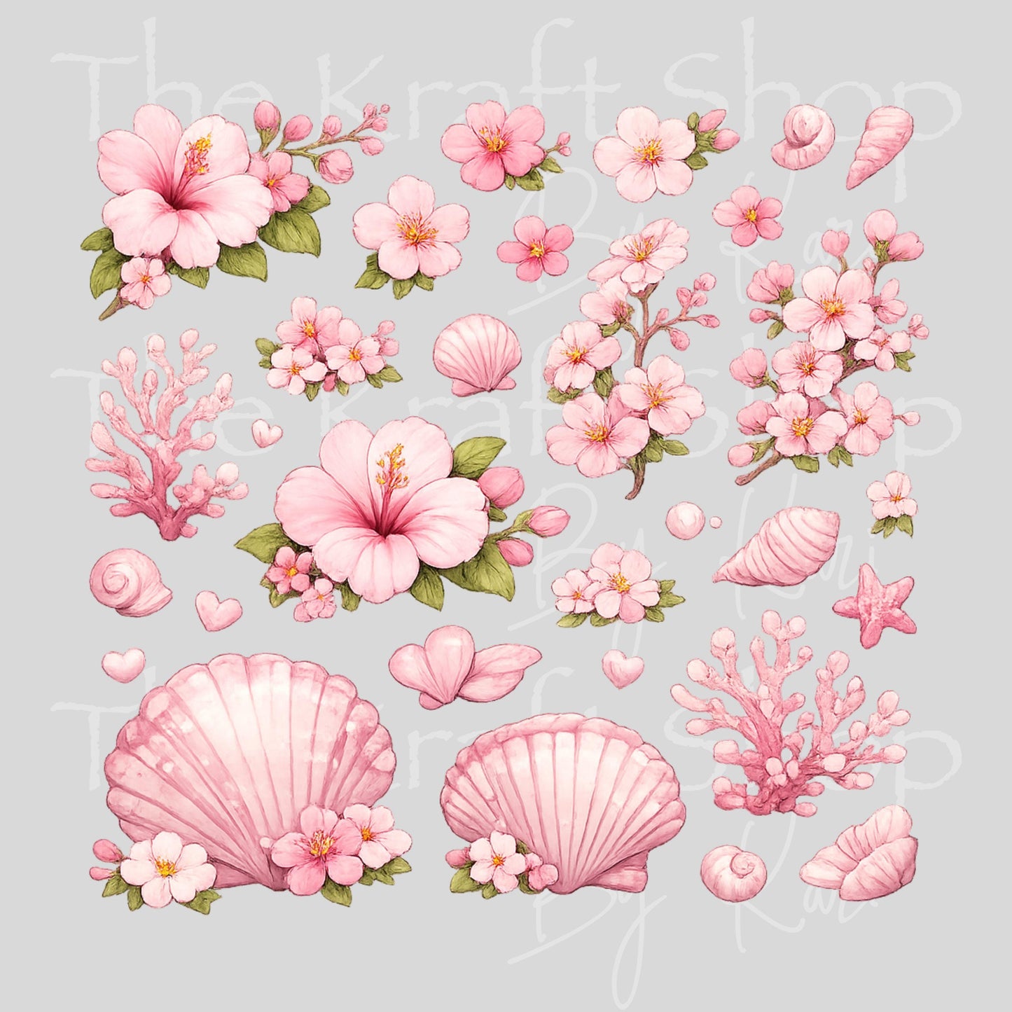 UV DTF Pink Flowers Seashells Element sheet 8x8 decal #10536