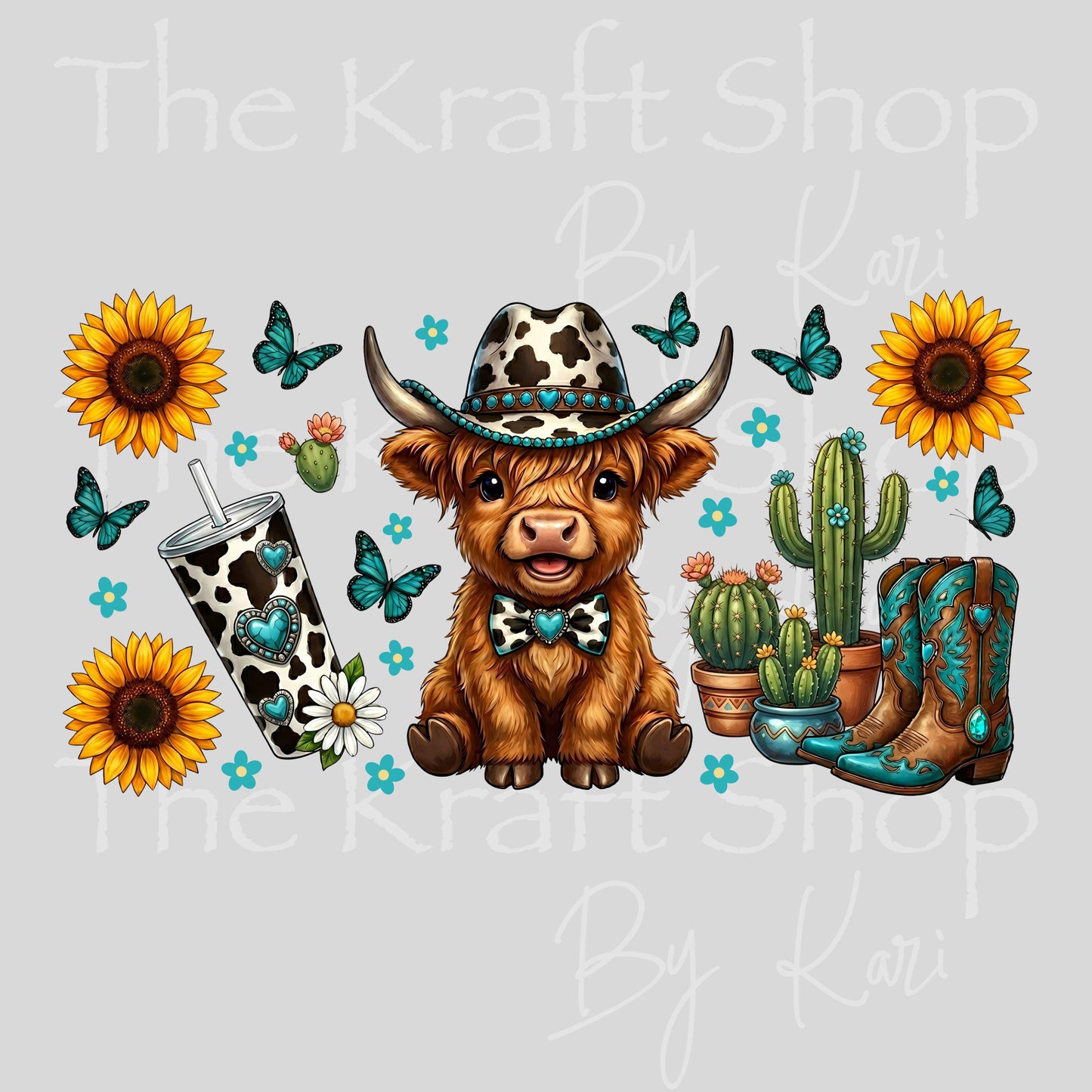 UV DTF Sticker print. Western Teal Highland Cow Wrap glass can wrap decal, tumbler decal, permanent sticker. #5576