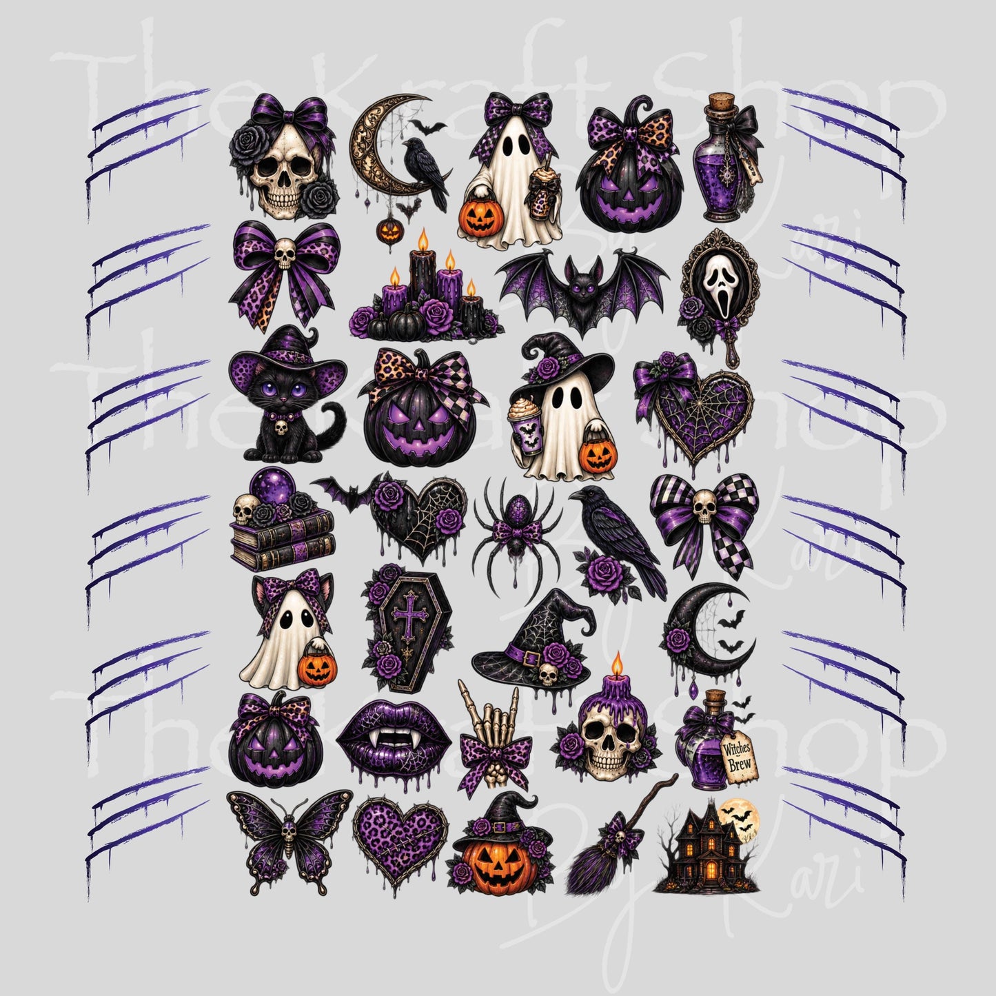 UV DTF Creepy Purple Halloween Elements mixed media bundle of decals sheet 10x10 decal #7756