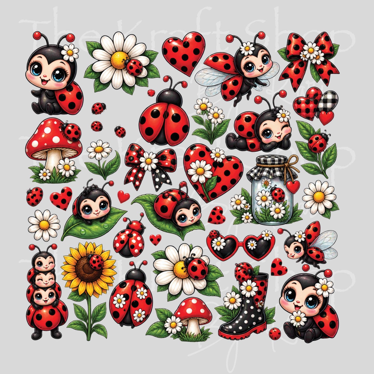 UV DTF Cute Ladybug Elements mixed media bundle of decals sheet 10x10 decal #10541