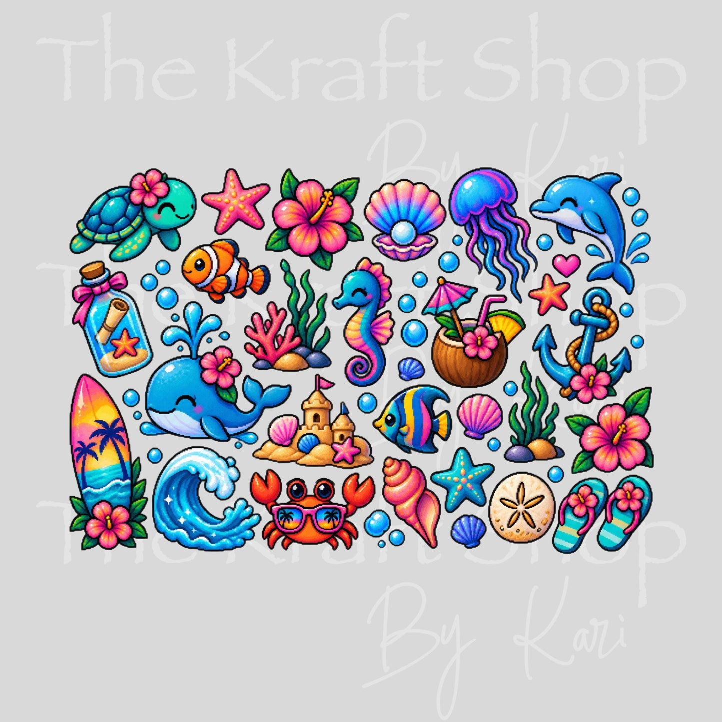UV DTF Sticker prints. Ocean Pixel element sheet bundle decal, permanent sticker. #10543