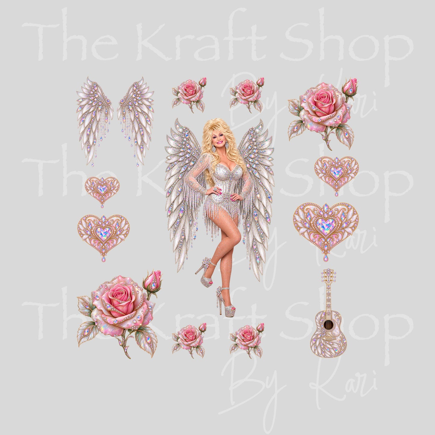 UV DTF Sticker print Angel Wing Dolly Element sheet 8x8 decal, tumbler decal, permanent sticker. #10560