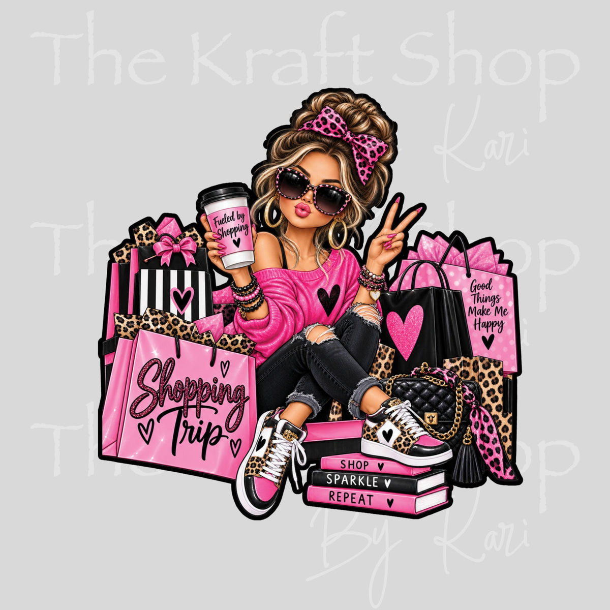 UV DTF Sticker print Shopping Trip Pink Black Leopard Bougie Girl decal, tumbler decal, permanent sticker. #5622