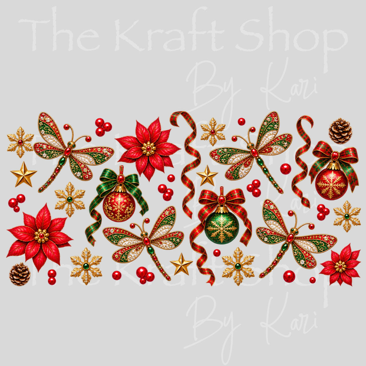 UV DTF Sticker print. Christmas dragonfly wrap Element sheet decal, tumbler decal, permanent sticker.#7849