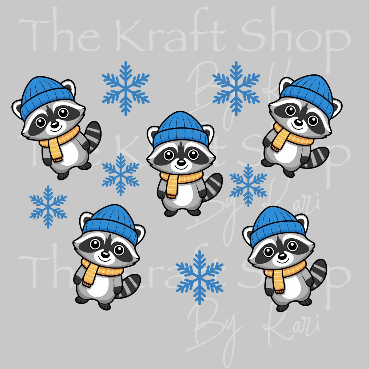 UV DTF Sticker print. Winter Raccoons and snowflakes 24 oz tapered wrap or element sheet of decals for acrylic tumblers #5474