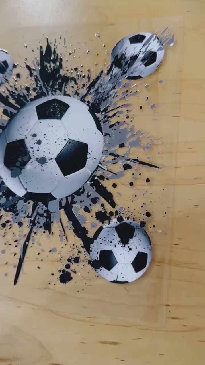 UV DTF Sticker print. Soccer ball paint splatter decal, tumbler decal, permanent sticker. UV wrap for glass can tumbler. #9009