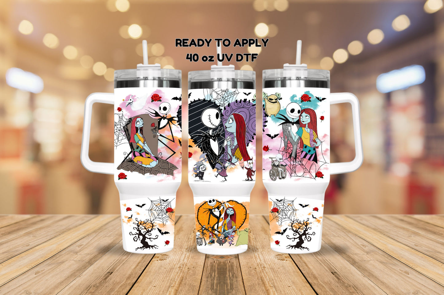 UV DTF 40 oz ready to apply Nightmare Jack and Sallie tumbler wrap. Permanent sticker. UV wrap quencher  #3047