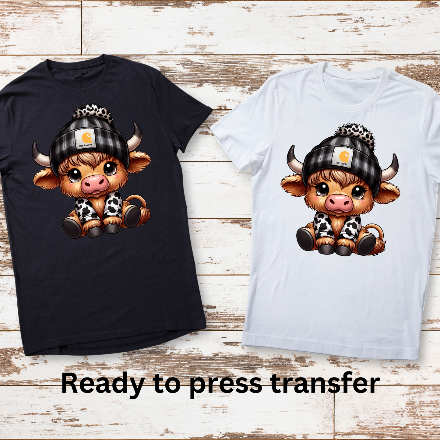 DTF ready to press transfer. Cute highland cow with beanie image. Direct to film heat press transfer. DTF Print, Heat Transfer #11075