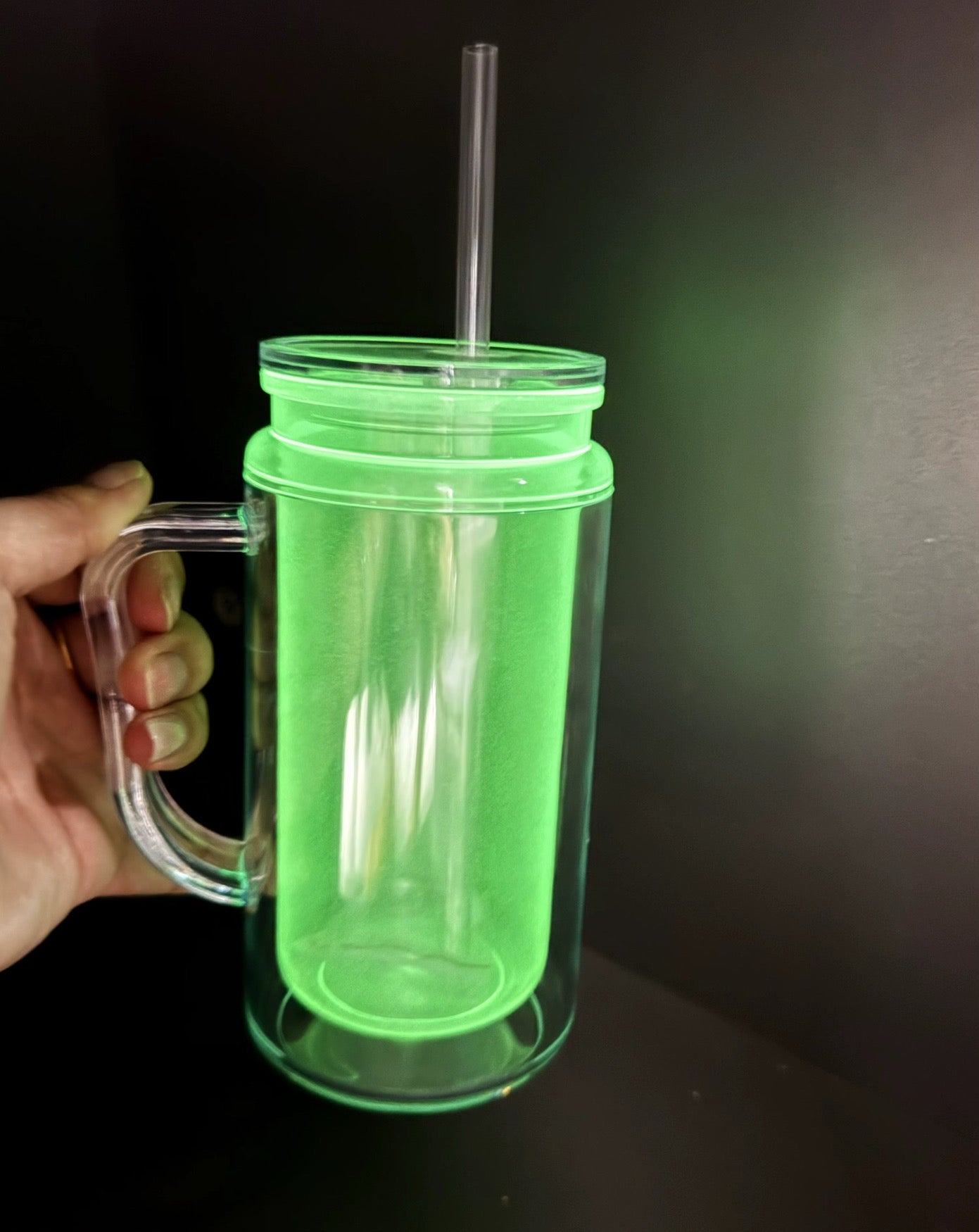 16 oz GLOW in the dark snow globe blank with handle, stopper and straw