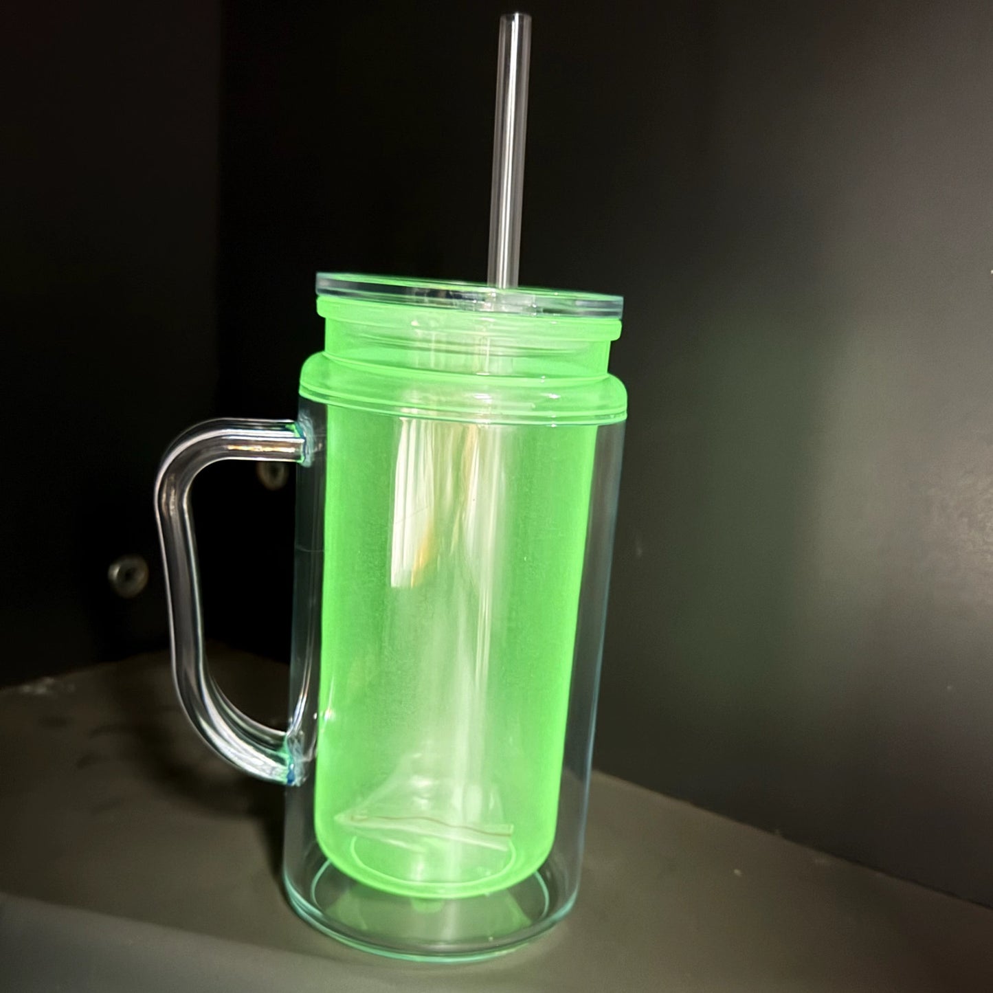 16 oz GLOW in the dark snow globe blank with handle, stopper and straw