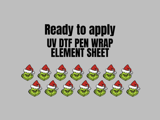 UV DTF Pen Wrap Element Sheet Ready To Apply Sticker Print. Grinch head Element sheet. UV Pen wrap.  #8015