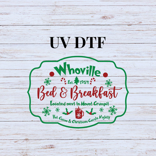 UV DTF Sticker print Who ville Hot Cocoa Bed and Breakfast Merry Christmas decal, tumbler decal, permanent sticker. Uv wrap for glass can tumbler. #7139