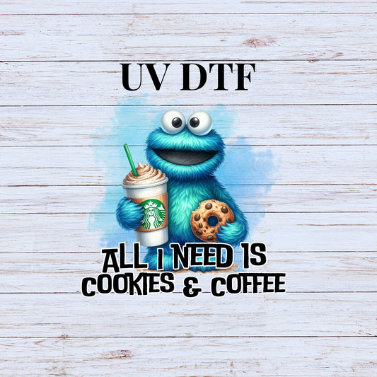 UV DTF Sticker print Blue Monster cookies and coffee decal, tumbler decal, permanent sticker.  #10086