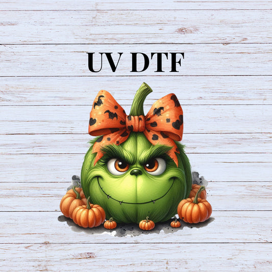 UV DTF Sticker print Green Grinc pumpkin with Bow decal, tumbler decal, permanent sticker.  #7107