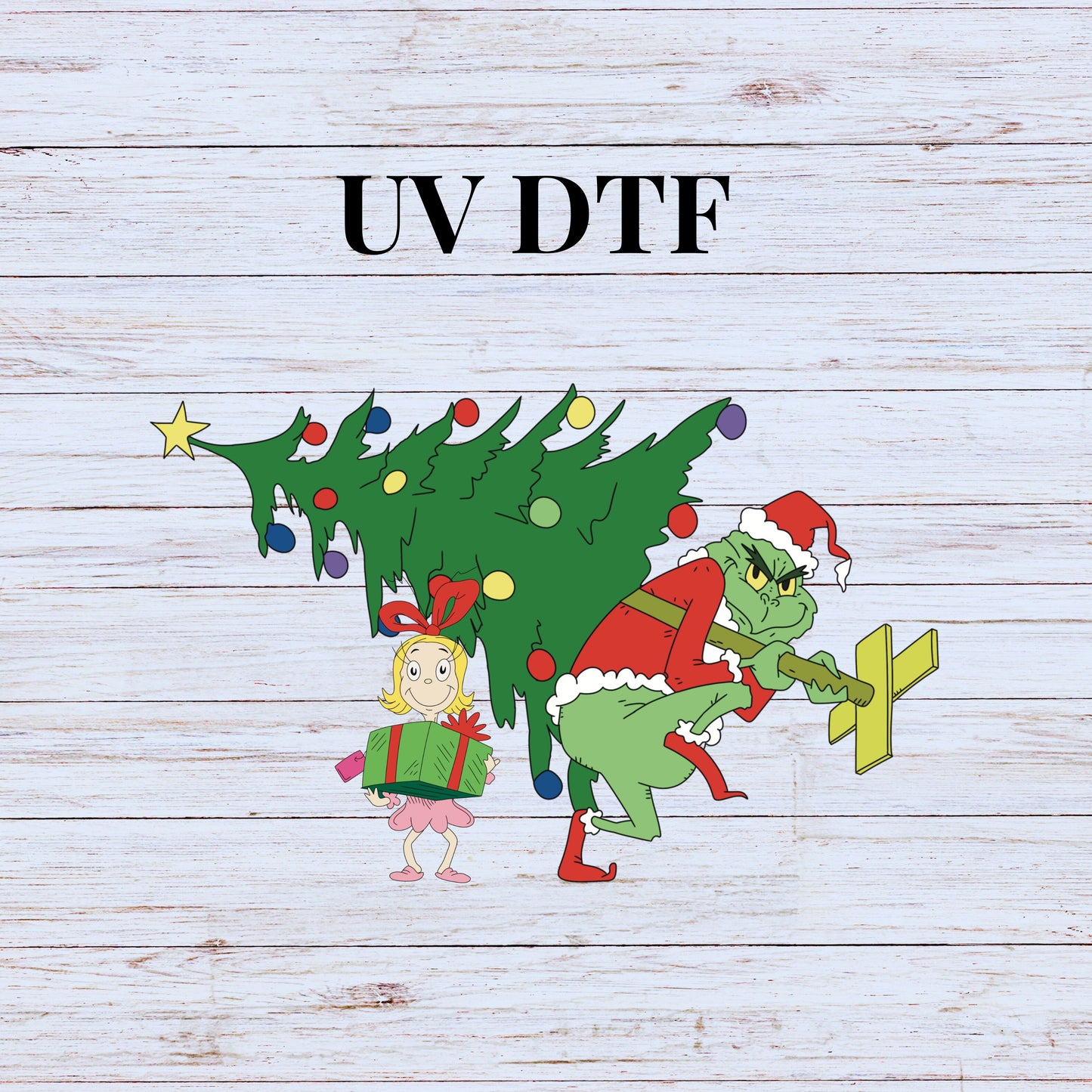 UV DTF Sticker print. Grin carrying Christmas tree decal, tumbler decal. UV wrap for glass can tumbler.#7093