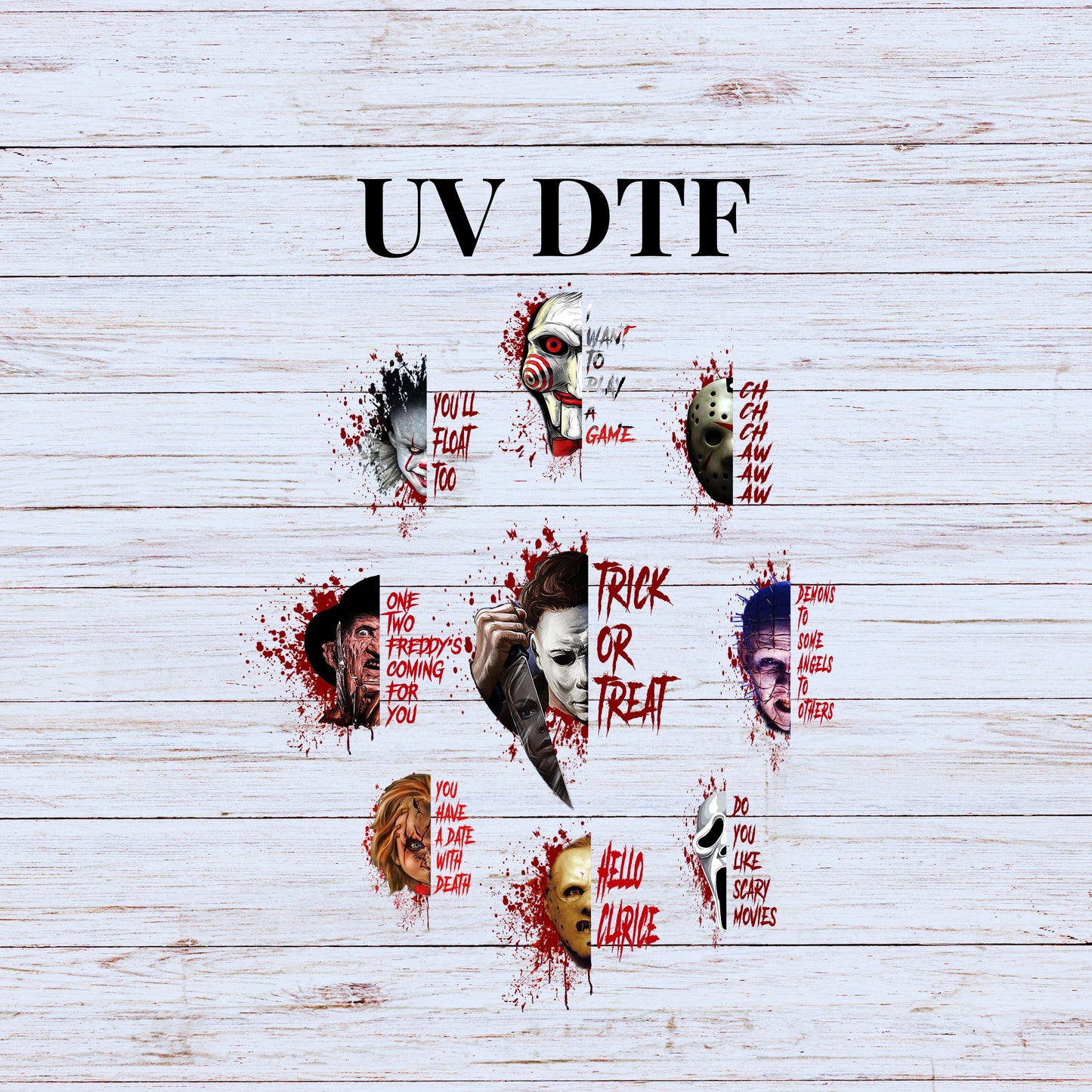 UV DTF Sticker print Halloween Horror Heads decal, tumbler decal, permanent sticker. Uv wrap for glass can tumbler. #7068