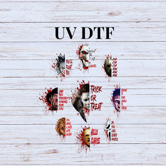 UV DTF Sticker print Halloween Horror Heads decal, tumbler decal, permanent sticker. Uv wrap for glass can tumbler. #7068