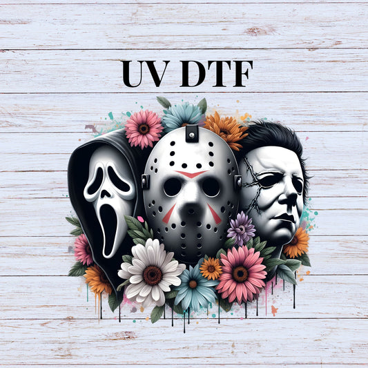 UV DTF Sticker print Halloween Horror Movie Trio elements decal, tumbler decal,  Uv wrap glass can tumbler. #7045