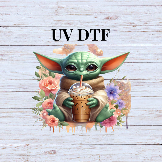 UV DTF Sticker print Iced coffee and flowers decal, tumbler decal, permanent sticker.  #10083