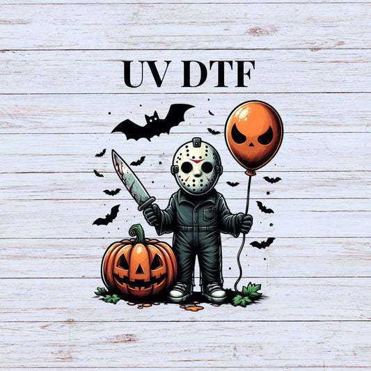 UV DTF Sticker print Jason Bats and Halloween Balloon decal, tumbler decal, permanent sticker. Uv wrap for glass can tumbler. #7057