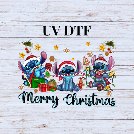 UV DTF Sticker print Merry Christmas Purple Stitc Character decal, tumbler decal, permanent sticker.  #7108