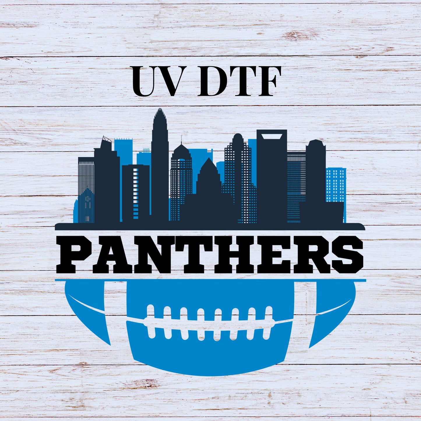 UV DTF Sticker print. Panthers Carolina Blue City Scene decal, tumbler decal. UV wrap for glass can tumbler.#4249