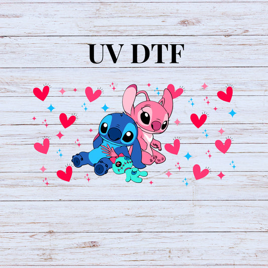 UV DTF Sticker print Pink Stich and Stich wrap decal, tumbler decal,  Uv wrap glass can tumbler. #5045