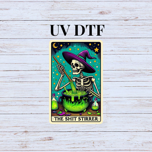 UV DTF Sticker print Shit stirrer Skeleton old tarot card decal, tumbler decal, permanent sticker. Uv wrap for glass can tumbler. #7025