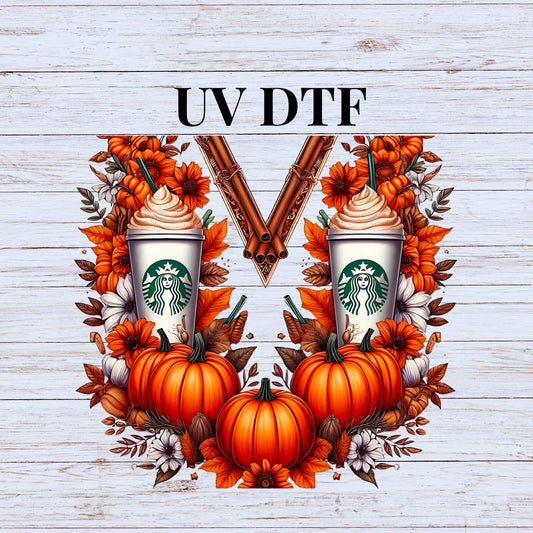 UV DTF Sticker print. Pumpkin Spice V split tumbler wrap decal, tumbler decal. UV wrap for glass can tumbler. #5166