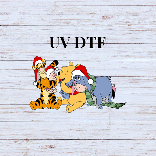 UV DTF Sticker print Poo Tigg holding pig Merry Christmas decal, tumbler decal, permanent sticker. Uv wrap for glass can tumbler. #7144