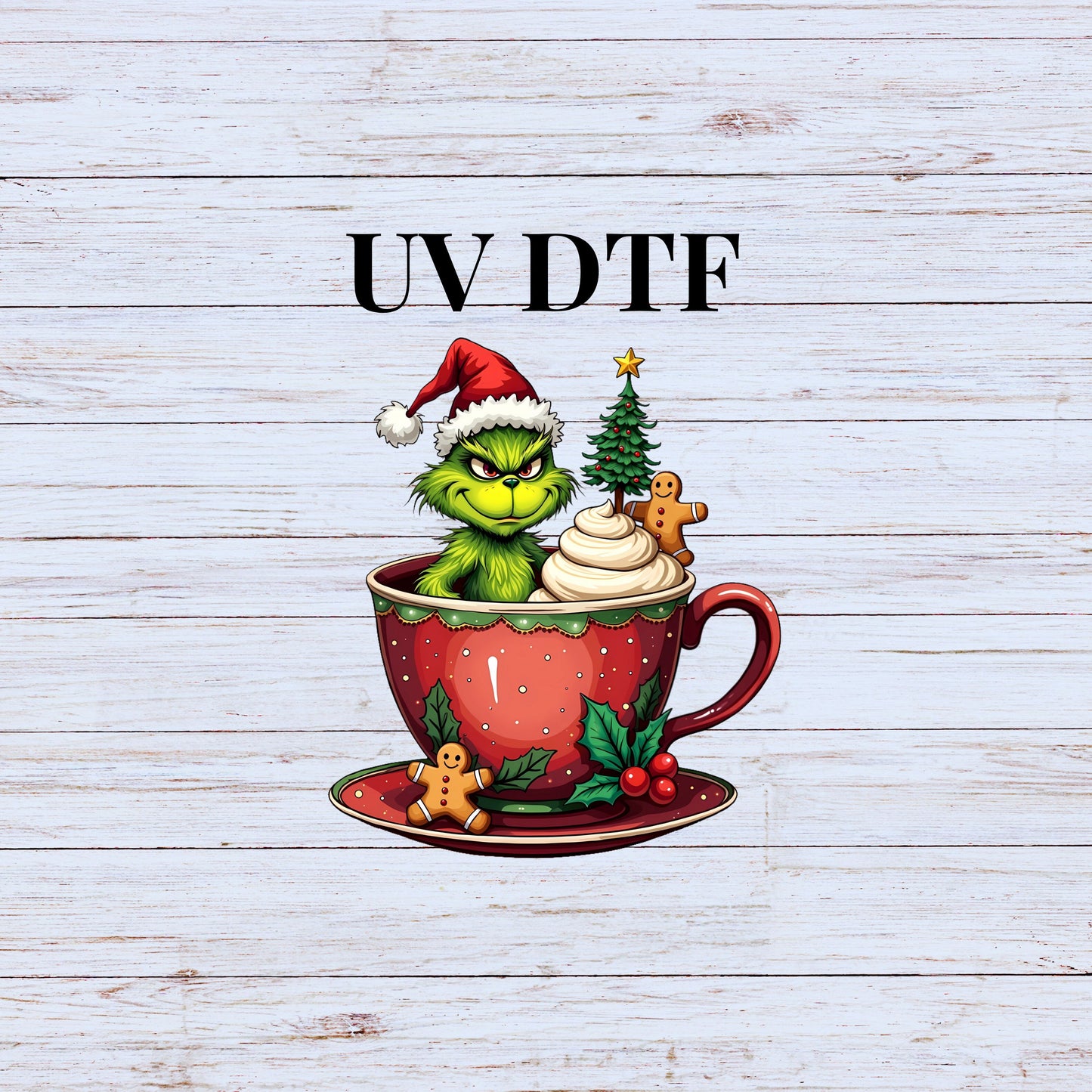 UV DTF Sticker print Grin hot cocoa cup Merry Christmas decal, tumbler decal, permanent sticker. Uv wrap for glass can tumbler. #7152