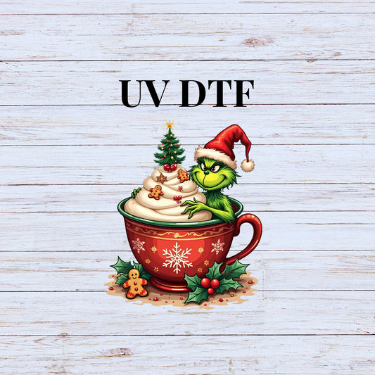 UV DTF Sticker print Grin hot cocoa cup with whipped cream Merry Christmas decal, tumbler decal, permanent sticker. Uv wrap for glass can tumbler. #7153