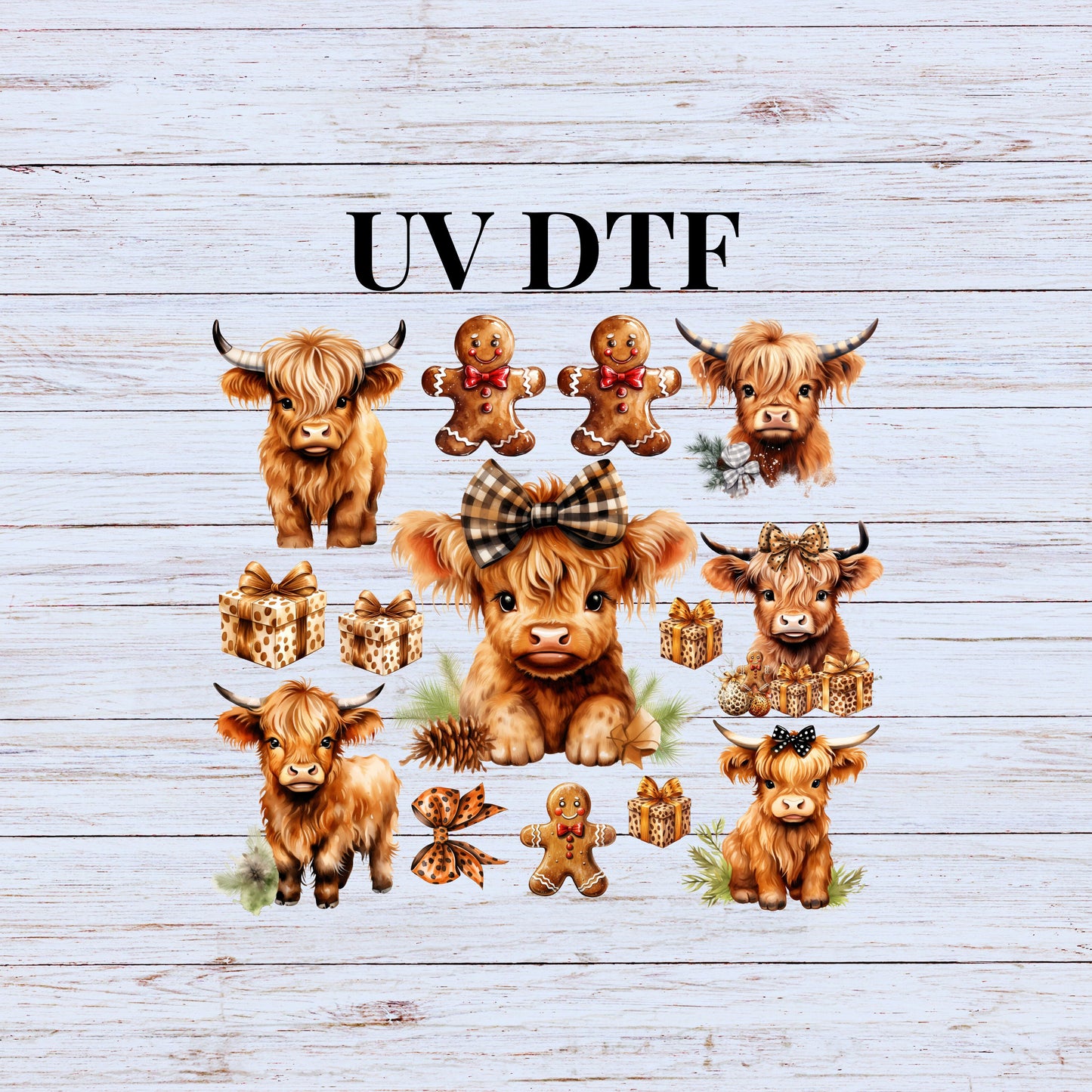 UV DTF Sticker print. Baby Moo element Christmas Bundle of 4 decal, tumbler decal. UV wrap for glass can tumbler.#7199