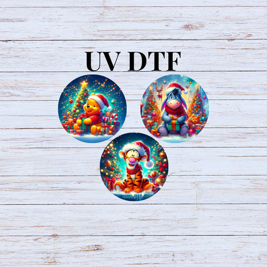 UV DTF Sticker print. Poo and friends 3 pk Round Ornament bundle of 3 decals. UV stickers. Permanent decals Christmas.#7205