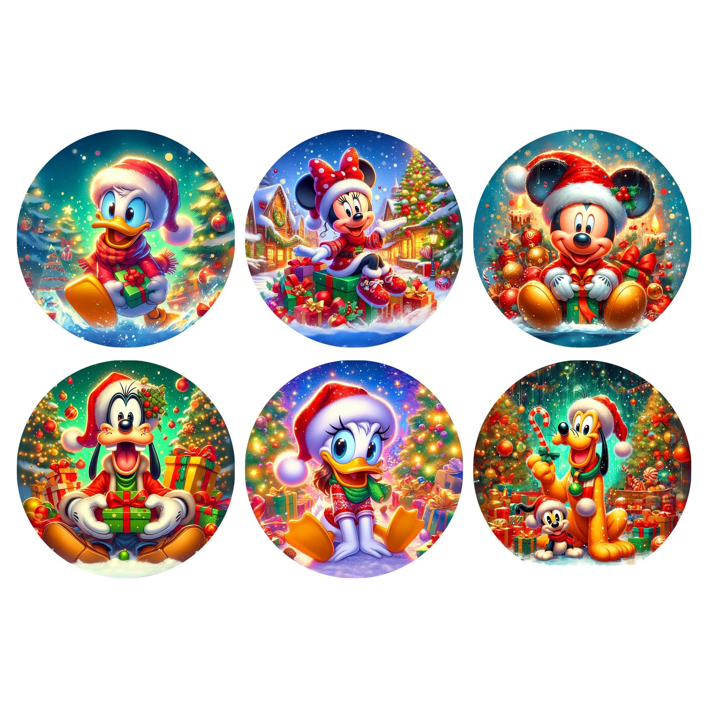 UV DTF Sticker print. Mick and friends 6 pk Round Ornament bundle of 6 decals. UV stickers. Permanent decals Christmas. #7207