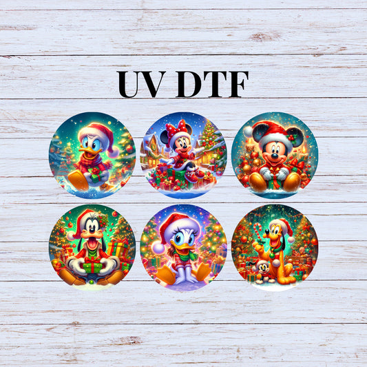 UV DTF Sticker print. Mick and friends 6 pk Round Ornament bundle of 6 decals. UV stickers. Permanent decals Christmas. #7207